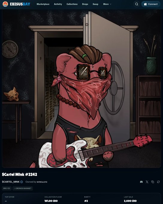 An NFT listing on EBISUSBAY marketplace for 'Cartel Mink #2242' from the SCARTEL_MINK collection, showing an illustration of a bear-like character with sunglasses and a bandana holding a guitar.
