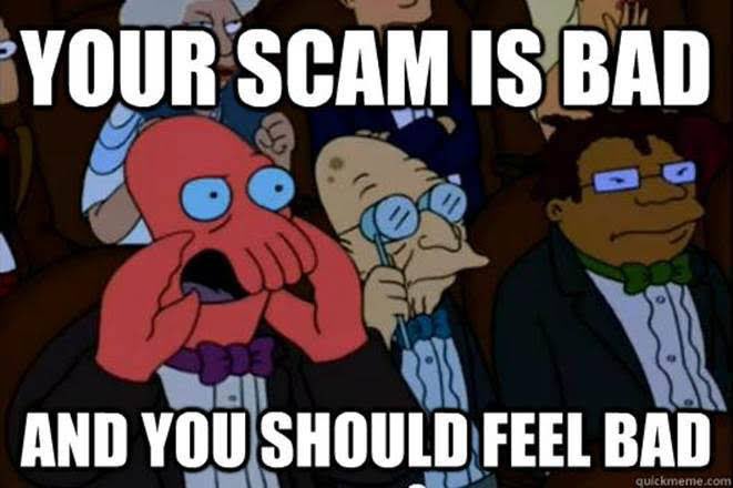 A Futurama meme featuring Professor Farnsworth and Zoidberg with text reading "YOUR SCAM IS BAD AND YOU SHOULD FEEL BAD," humorously conveying the post's criticism of a flawed investment strategy that lost money and missed better DeFi farming opportunities like Solstice.