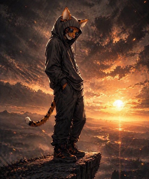 A hooded, anthropomorphic tiger character with cat ears and a striped tail stands alone on a cliff edge, gazing out at a vast landscape bathed in the warm glow of a setting sun. The solitary, contemplative pose and expansive horizon visually echo the post's reflective farewell, embodying the sentiment of dreaming big before moving on.