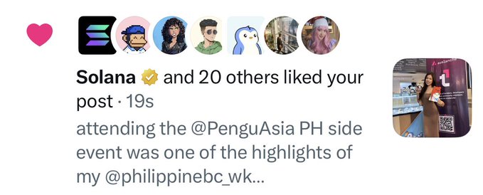 The image shows a social media post from a person named @solana who has posted about attending an event at the PenguinPH Side. The post includes a photo of themselves with a caption that reads "attending the PenguinPH Side event was one of the highlights of my #philippineebc #mylife". The post also mentions that they are happy to have their followers like them, which indicates that @solana's post has received positive feedback from their audience.