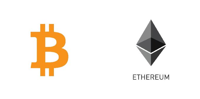 The orange Bitcoin (B) logo appears next to the grey Ethereum diamond logo with the text 'ETHEREUM' on a white background.