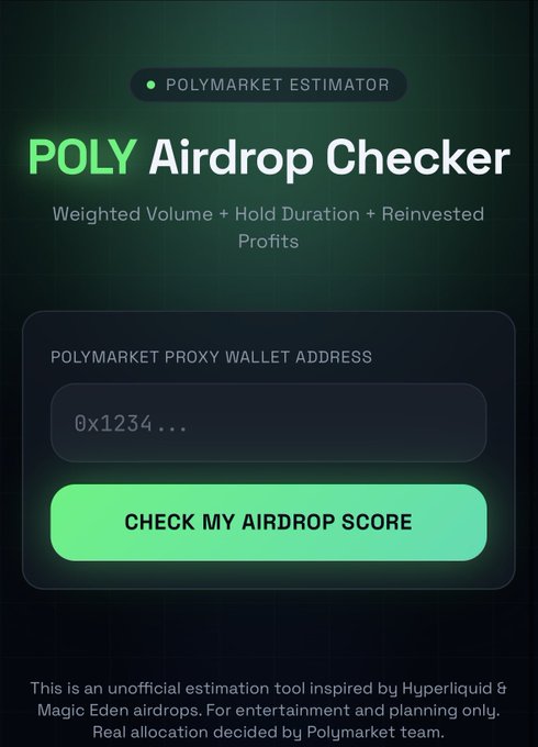 The image features a screenshot of an Airdrop Checker app that Polymarket farmers are using as their tool for estimating their score. The app, which can be accessed through the Airdrop Checker link, allows users to check their allocation against a pre-determined scale. The app uses a unique scoring system that factors in various aspects such as the user's volume allocation, holding duration, and consistency of allocating funds over time. This innovative approach brings more transparency and fairness to the Polymarket farming process by providing an accurate estimate based on actual data rather than relying solely on volume.