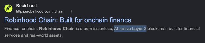 A Google search result displays Robinhood's website with the heading "Robinhood Chain: Built for onchain finance," describing it as a permissionless, AI-native Layer 2 blockchain for financial services and real-world assets (RWA). This relates to the post's mention of "Long" tackling the RWA side of Robinhood, as the highlighted "AI-native Layer 2" text aligns with the context of AI and real-world asset integration.