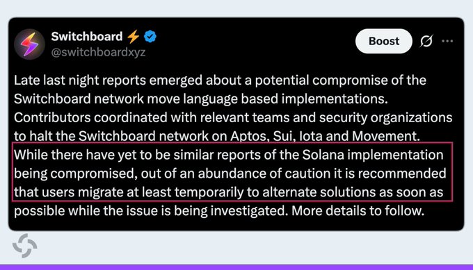 A Switchboard (@switchboardxyz) tweet warning about a potential compromise of the Switchboard network move language based implementations on Aptos, Sui, Iota and Movement, recommending users migrate to alternate solutions temporarily.