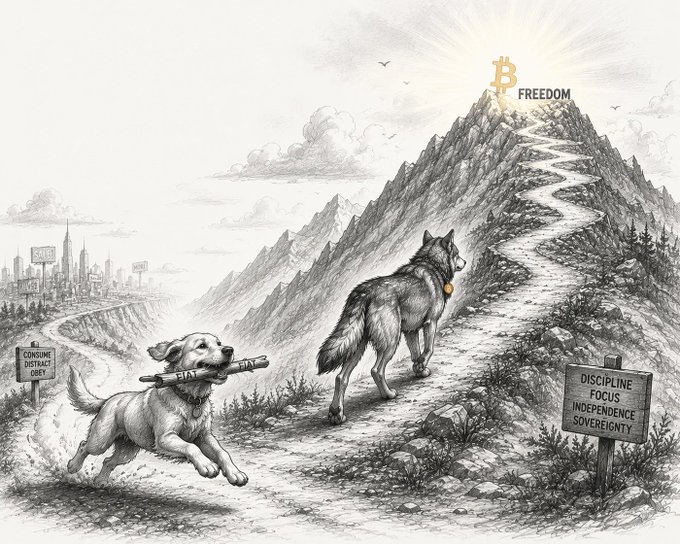 Pencil-style illustration depicting a wolf and a dog climbing a mountain path toward a Bitcoin symbol labeled 'FREEDOM', with signs referencing 'DISCIPLINE FOCUS INDEPENDENCE SOVEREIGNTY'.