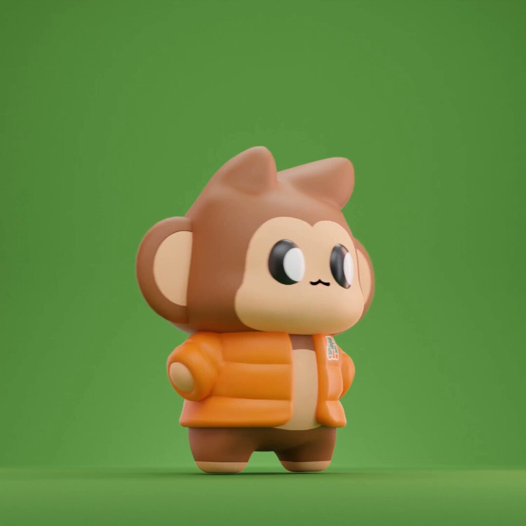 The image features a small, 3D-rendered monkey figurine standing against a green background. The monkey has an orange jacket and a yellow hat, giving it a playful appearance. The monkey also has a face with two eyes and a nose, adding to its cute demeanor. The post includes text that reads "I bought a pack of @ChimpersHQ & I got a 3D Chimpi avatar in @OthersideMeta". This suggests that the image is related to an online marketplace where users can buy and sell 3D-rendered figurines or characters, such as the cute monkey depicted here.