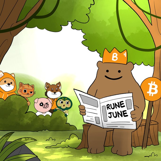 The image features a cartoon bear sitting down, reading a newspaper while wearing an orange outfit with a crown on his head. The caption of the image includes the words "it'S rune june!!!! who'S ready??? $DOG @LeonidasNFT $BILLY @billydollarcat $LOBO @lobothewolfpup $PIGGY @piggedbypiggy $VC @VCaterpillar1". The post is about a cartoon bear reading the newspaper and wearing an orange outfit with a crown on his head.