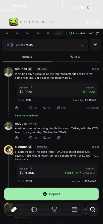 A trading app screenshot showing the TOAD token on Solana at $11.9M market cap, with community callouts from users mdudas and slingoor discussing positions and gains.