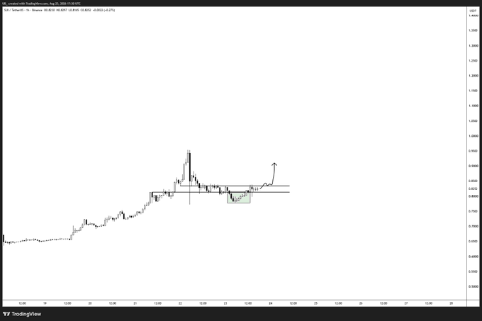 A 1-hour candlestick chart of $SUI/USDT on Binance shows a consolidation range with an upward arrow indicating anticipated bullish movement above the 0.8400 level, aligning with the post's commentary on potential squeeze higher.