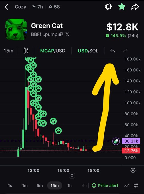 A cryptocurrency price chart showing a token called "Green Cat" with a value of $12.8K and a 145.9% increase over 24 hours, featuring a large yellow upward arrow.
