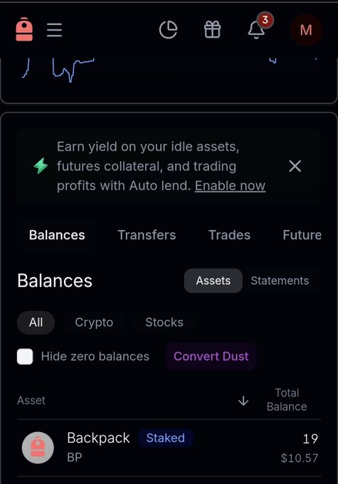 A mobile app interface showing Backpack wallet balances with $BP (Backpack token) staked at 19 / $10.57, featuring navigation tabs for Balances, Transfers, Trades, and Future.