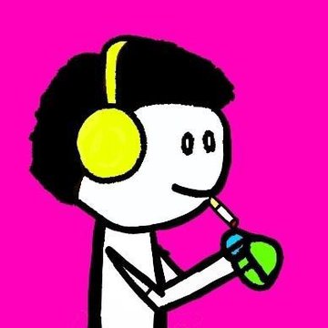 A simple cartoon character with curly black hair and large yellow headphones smiling while holding a small green flask or potion bottle against a bright pink background.