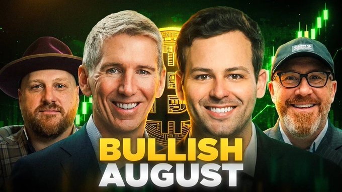 Four men are featured in a promotional graphic with "BULLISH AUGUST" text overlaid on a Bitcoin symbol, set against a green stock chart background. The image ties to the post's discussion about Bitcoin's historical August performance, with the hosts gathered for the live YouTube stream analyzing whether this August will break the bearish trend.