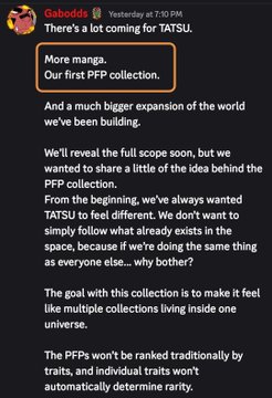 A screenshot of a tweet from Gubolds (@Gubolds) dated at 7:10 PM teasing upcoming content for TATSU, mentioning "More manga," "Our first PFP collection," and a much bigger world expansion, including PFPs that won't be ranked by rarity.