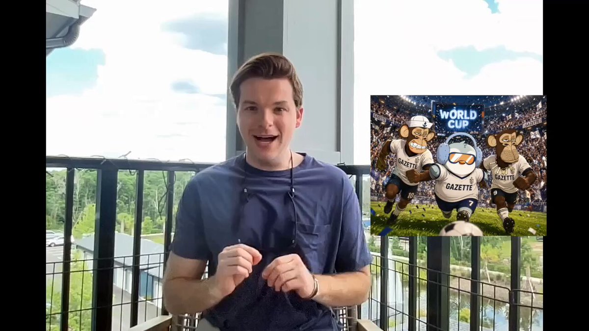 The image features a man sitting on a balcony with his hands behind his back while wearing a blue shirt. In front of him, there are three cartoon characters from the World Cup soccer team, which include two players and one goalkeeper. The background shows an outdoor scene with trees and buildings, suggesting that they might be in a park or a similar public space. The caption reads: "ARE YOU READY FOR SOME FÚTBOL? From @OthersideMeta To @OpenSea, The NFT World Is Bringing The Beautiful Game Onchain!".