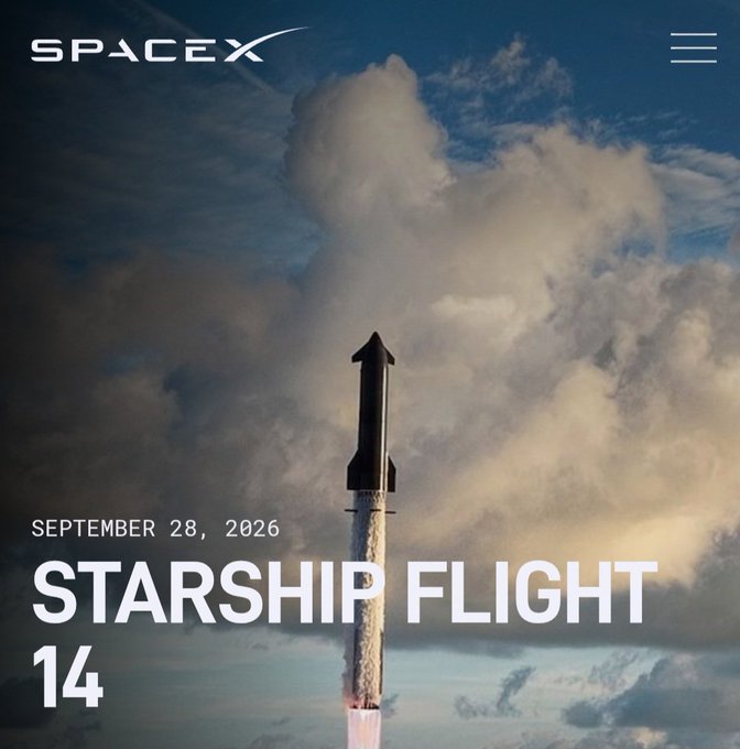 A SpaceX promotional image showing a Starship rocket launching through clouds, with the SpaceX logo and text reading 'SEPTEMBER 28, 2026' and 'STARSHIP FLIGHT 14.'