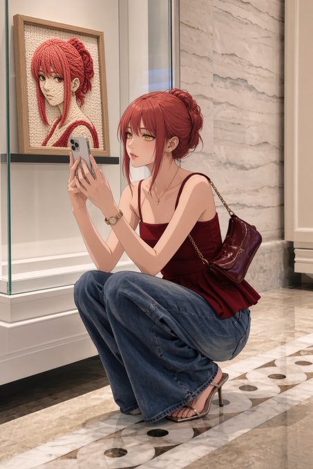 An anime-style illustration of a red-haired woman in a burgundy top and jeans crouching to take a phone photo in a marble interior, with a string-art portrait of herself hanging nearby.