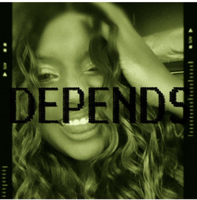 A green-tinted artistic photo of a smiling woman with long wavy hair, overlaid with the large pixelated text 'DEPENDS' across the center, framed by film strip edges.