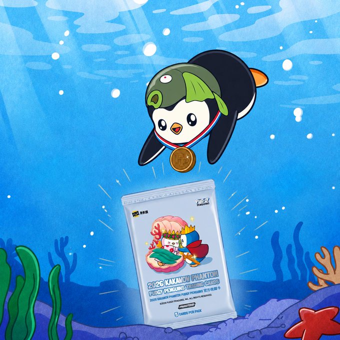 An underwater-themed illustration featuring a cartoon penguin wearing a medal floating above a '2026 KAKANIU PHANTOM' trading card, with aquatic plants and starfish in the background.