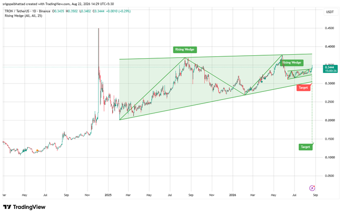 A TradingView chart for TRON/USDT (1D) displaying a 'Rising Wedge' pattern on Binance, with the title 'srigopalabhatd created with TradingView.com, Aug 22, 2026 14:29 UTC+5:30' and marked entry and target levels.