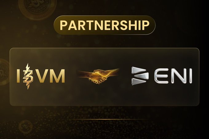 A sleek partnership announcement graphic featuring "PARTNERSHIP" at the top, with the IBVM and ENI logos flanking a glowing golden handshake, visually representing the collaboration between IBVM and ENI Chain to enhance cross-ecosystem infrastructure through the ENI Global Super Node Network.