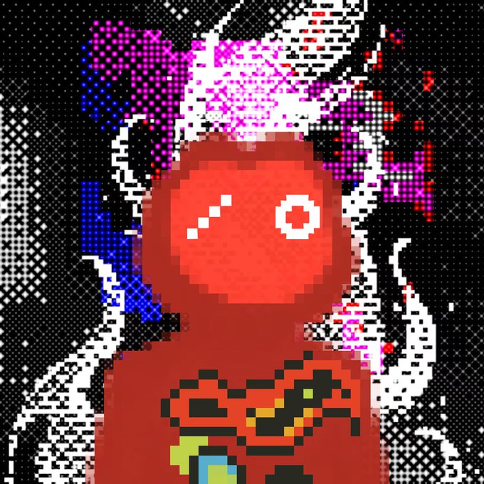 A red, pixelated humanoid figure with a single eye and a skeletal grin stands against a chaotic black-and-white dithered background splattered with pink, blue, and red glitch effects. The gritty NFT artwork embodies the post's theme of rarity and collector pride, presented as the "second rarest" piece in the collection being offered for sale.