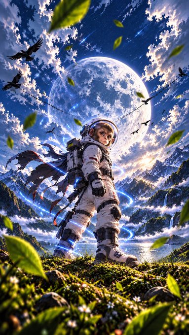 A fantasy digital illustration of a young astronaut standing in a lush green landscape with mountains, a giant moon in the background, flying birds, and glowing blue energy swirling around the figure.