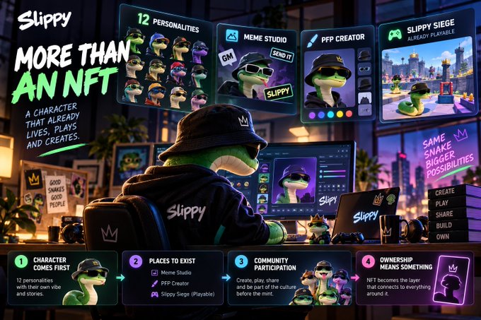 A promotional image for 'Slippy,' described as 'More Than An NFT — A Character That Already Lives, Plays And Creates,' showcasing features like 12 personalities, Meme Studio, PFP Creator, and Slippy Siege, along with a four-step breakdown of the project's concept.