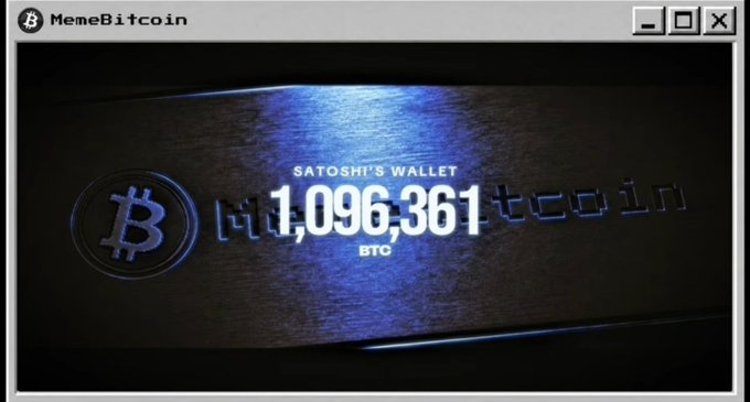 A MemeBitcoin meme image showing Satoshi's Wallet with 1,096,361 BTC displayed in metallic text alongside the Bitcoin logo.