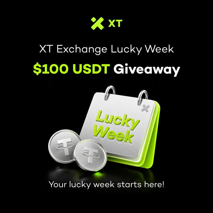 A black promotional graphic for XT Exchange announcing a 'Lucky Week $100 USDT Giveaway,' featuring a 3D calendar and USDT coins in green and silver.