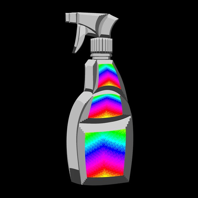 A 3D render of a gray spray bottle with colorful rainbow-patterned labels on a black background.