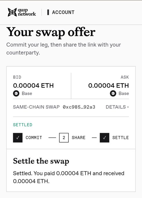 A screenshot from Quip Network shows a settled swap offer interface displaying bid and ask prices of 0.00004 ETH for a same-chain swap, with steps showing commit, share, and settle as completed.