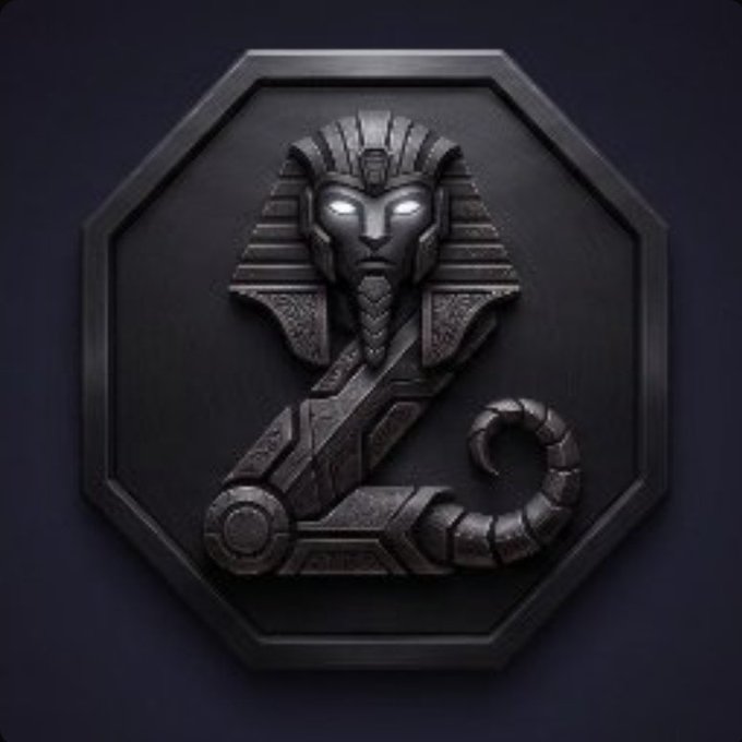 A dark metallic octagonal emblem featuring an Egyptian pharaoh-style headdress with glowing eyes, combined with mechanical/tech elements and a curling tentacle, set against a dark purple background.