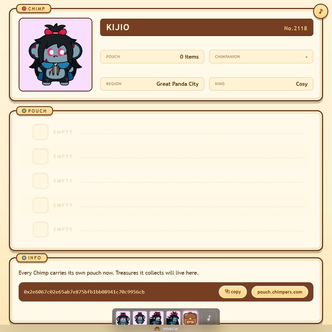 A user interface for 'CHIMP' showing a character named 'KIJIO' (No. 2118) from 'Great Panda City' categorized as 'Cosy', with an empty pouch section displaying five slots.