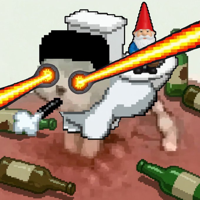 Pixel art illustration of a gnome on a toilet with glowing laser eyes, surrounded by empty bottles and wearing a tall red hat.