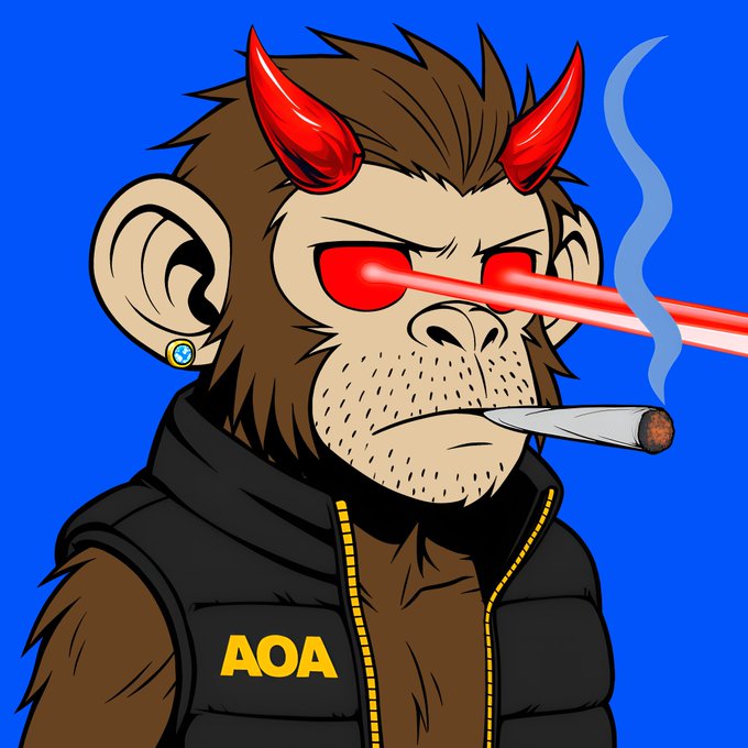 A cartoon monkey character with red devil horns, glowing red laser eyes, a cigarette, a black vest labeled 'AOA', and an earring against a blue background.