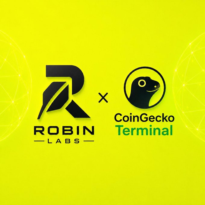 A bright yellow promotional graphic featuring the black ROBIN LABS logo alongside the CoinGecko Terminal gecko mascot, separated by an "x" to signify their partnership, directly announcing the $ROBIN token's new live listing on GeckoTerminal for tracking price action and liquidity pools.