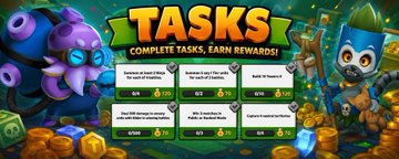 Colorful mobile game 'TASKS' menu screen displaying 'COMPLETE TASKS, EARN REWARDS!' with various task tiles arranged in a grid, though the text is blurred.