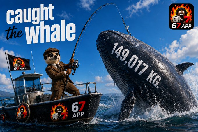 A cartoon otter fisherman in a suit reels in a massive 149,017 KG whale from the ocean, with "caught the whale" emblazoned above, capturing the wild catch referenced in the $67 APP update about someone pulling a huge whale from "the pond" during the bait fisher tournament.