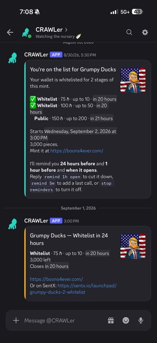 A Discord screenshot shows messages from a bot called CRAWler alerting the user about a Grumpy Ducks NFT whitelist mint on September 2, 2026, with details on phases, times, and links.