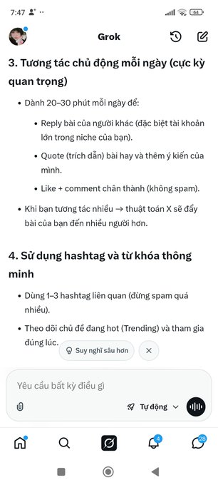 A Grok AI chat interface on a phone showing Vietnamese text with tips on daily engagement, replying, quoting, and using hashtags to improve X algorithm performance.