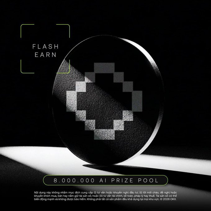 A dark promotional graphic for OKX's Flash Earn program features a pixelated circular emblem alongside the text "FLASH EARN" and an "8,000,000 AI PRIZE POOL" banner, visually reinforcing the post's message about earning yield and airdrop tokens by staking assets like BTC, OKB, and OKSOL.