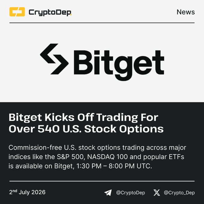 The image is a CryptoDep news graphic featuring the Bitget logo, announcing that Bitget has launched commission-free trading for over 540 U.S. stock options across major indices like the S&P 500, NASDAQ 100, and popular ETFs, available 1:30 PM – 8:00 PM UTC, dated 2nd July 2026.