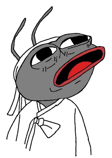 A cartoon gray character with antennae, half-closed eyes, and a wide red-lipped mouth wearing a white traditional garment.