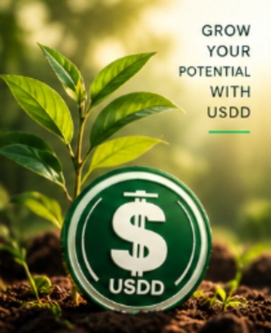 A promotional graphic featuring a green USDD token logo with a dollar sign, emerging from soil with a small plant sprouting behind it, accompanied by the text 'GROW YOUR POTENTIAL WITH USDD'.