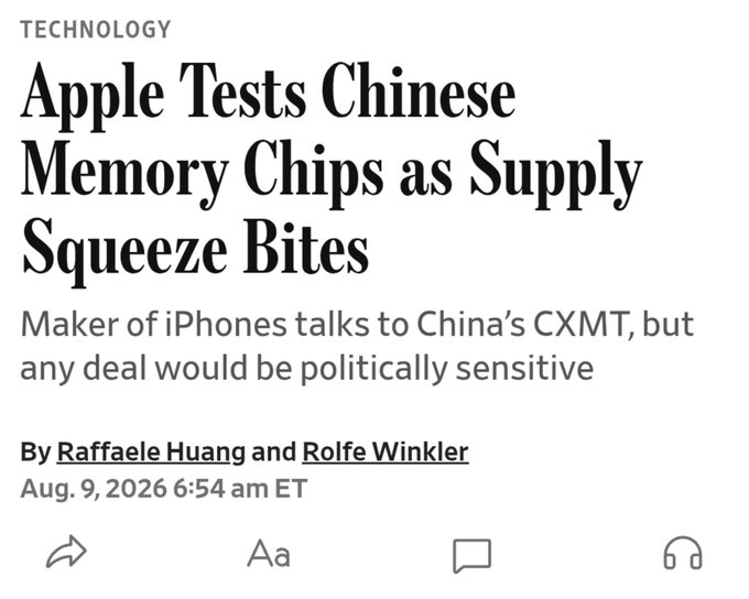 The image shows a Wall Street Journal article headline from August 9, 2026, titled "Apple Tests Chinese Memory Chips as Supply Squeeze Bites," with a subheadline noting the deal would be "politically sensitive," authored by Raffaele Huang and Rolfe Winkler.

The accompanying post suggests this headline exemplifies fear-based media coverage—designed to grab attention during peak market anxiety about memory chip shortages—even if the actual news content (Apple merely "testing" or "talking to" China's CXMT) is relatively thin and may not justify panic-driven selling pressure.