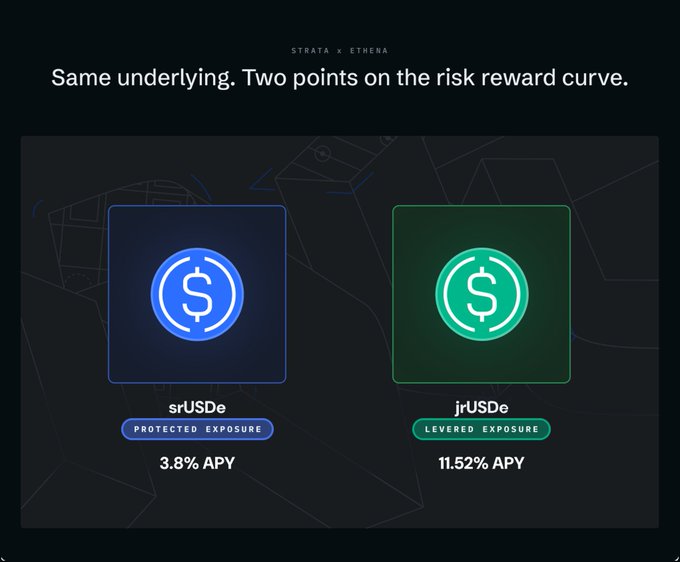 A promotional graphic for Strata x Etherna compares two financial products: srUSDe ('Protected Exposure' at 3.8% APV) in blue and jrUSDe ('Levered Exposure' at 11.52% APY) in green, under the tagline 'Same underlying. Two points on the risk reward curve.'