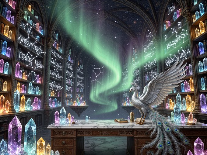 The image features a desk with a white bird perched on top, surrounded by an array of colorful crystals. The desk also has a book open next to it, suggesting that someone might be working or studying at this location. The background includes a starry sky and a green aura, creating a mystical atmosphere. The post about June AIartwork seems to be related to the artist's work, possibly discussing their creative process or showcasing their latest piece of art.
