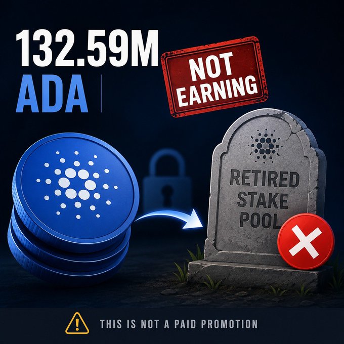 The image shows a stack of blue Cardano (ADA) coins next to a tombstone labeled "RETIRED STAKE POOL" with a red X, illustrating that 132.59M ADA is delegated to retired stake pools and not earning rewards, with a disclaimer noting "THIS IS NOT A PAID PROMOTION."
