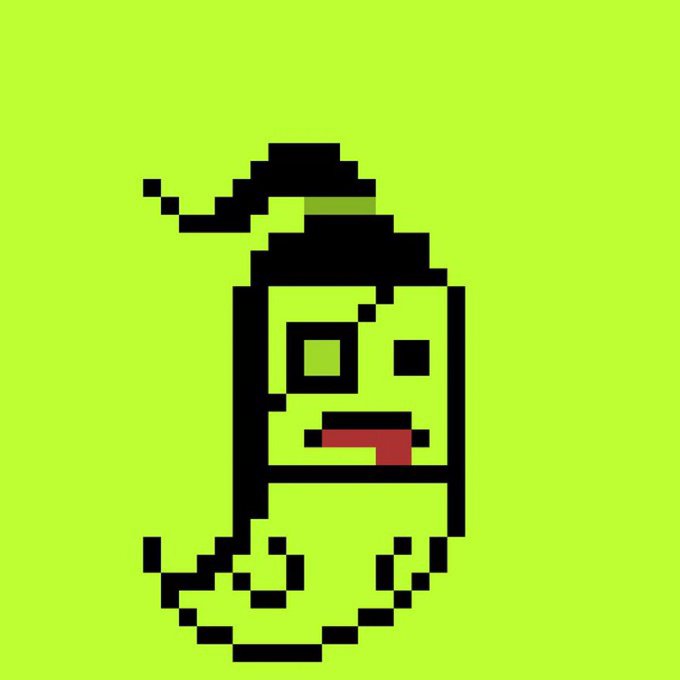 A pixel art illustration of a yellow creature with a square head wearing a black witch hat, featuring a red tongue and mismatched eyes, set against a bright green background.